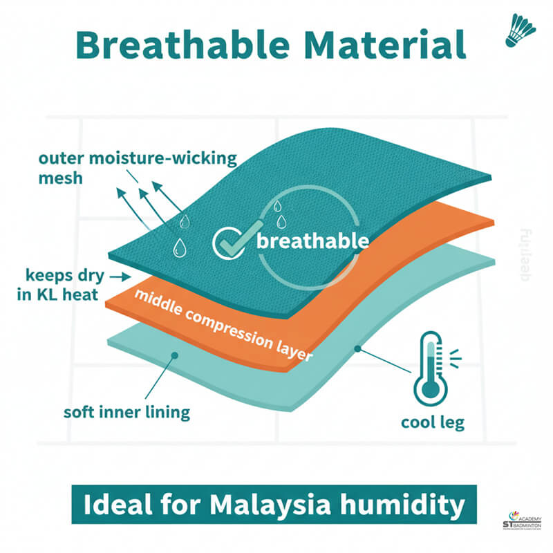Tampilan dekat sarung betis bulutangkis dari kain berpori yang menyerap kelembapan, ideal untuk iklim lembab seperti Kuala Lumpur.