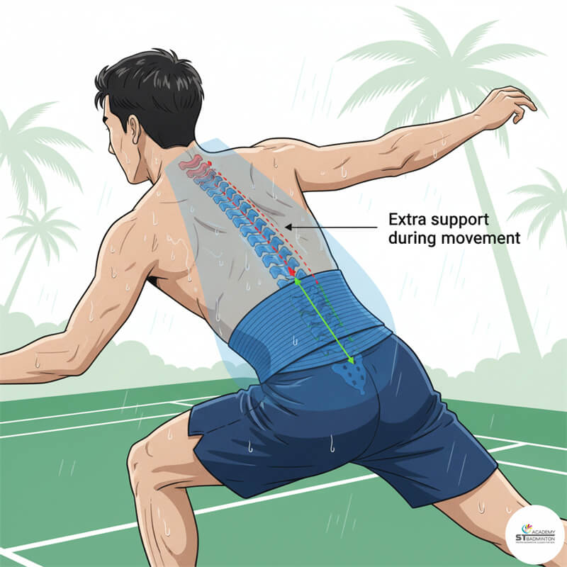Detail pemain di Kuala Lumpur memakai penyangga punggung bulutangkis fleksibel untuk topangan dan stabilitas | Latihan bulutangkis Sentul
