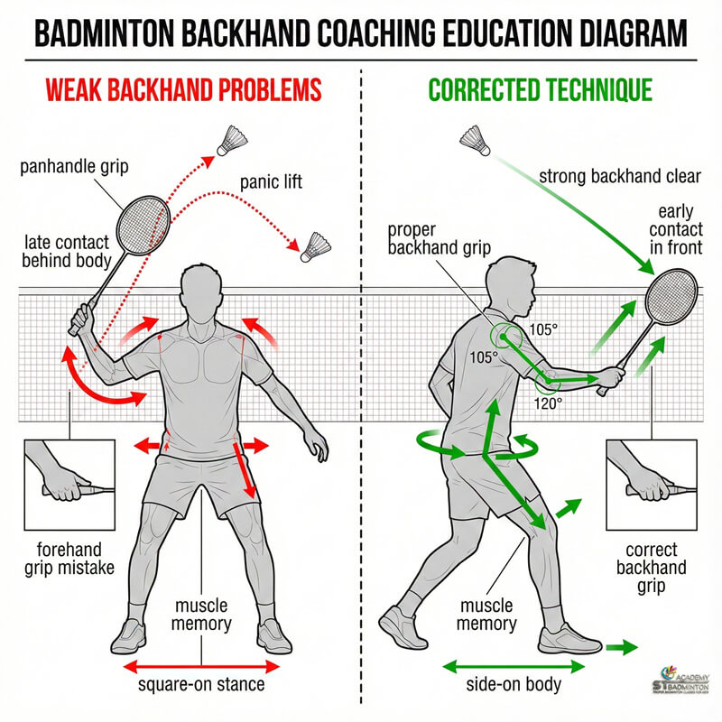 Close-up of correct thumb grip placement for badminton backhand clear