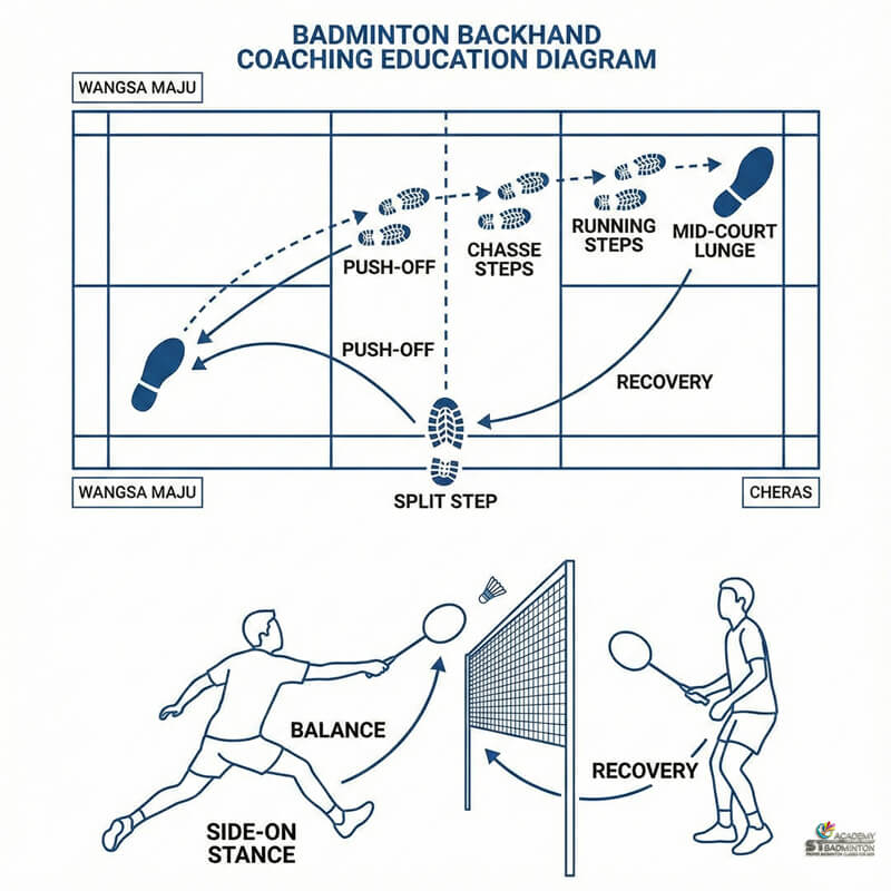 Coach correcting student's timing on backhand stroke at ST Badminton Academy Malaysia