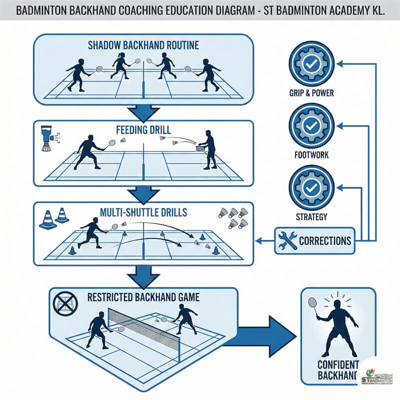 Coach explaining backhand mistakes to adult group class in Setapak KL