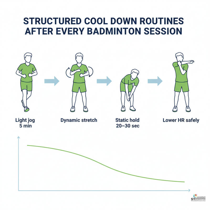 Coach guiding active recovery exercises for badminton team after training