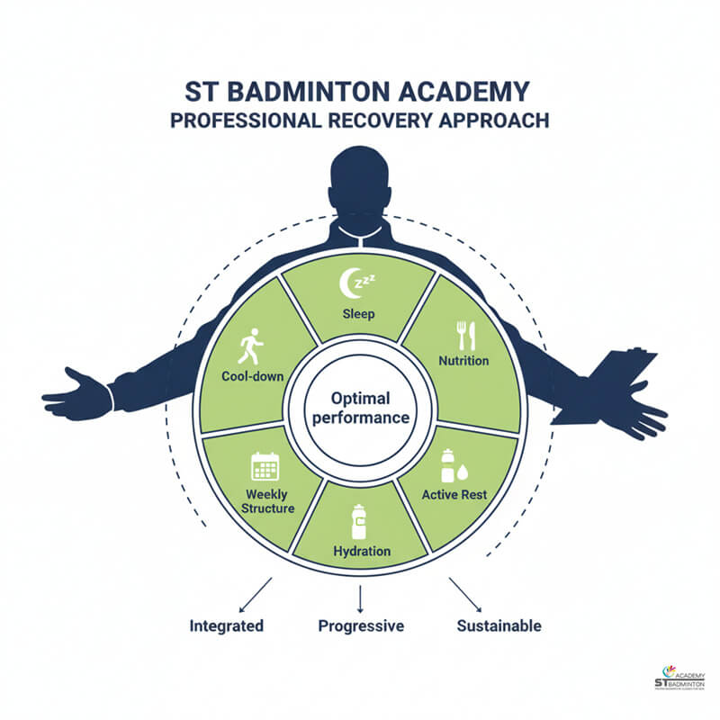 Coach teaching proper recovery habits to junior badminton players at Singapore academy