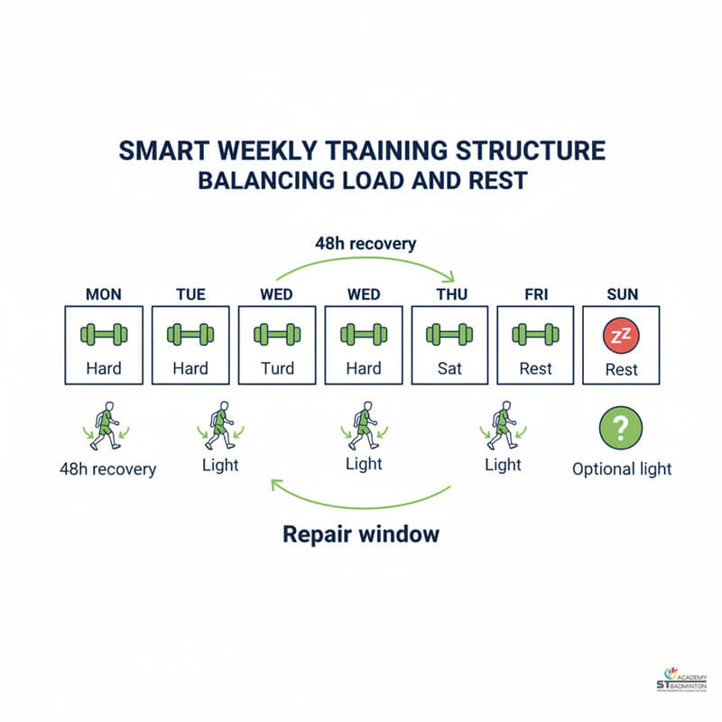 Group of players resting and stretching between badminton training games