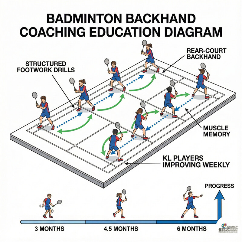 Group practicing backhand footwork drills near Kepong
