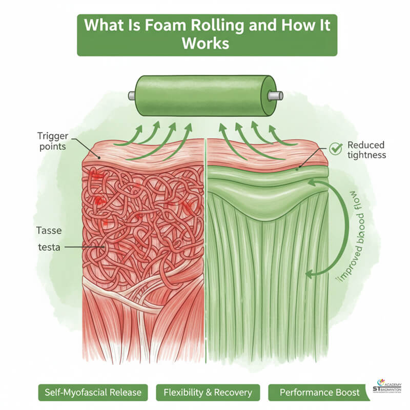 Junior athlete in Singapore rolling thigh muscles for recovery after badminton training KL