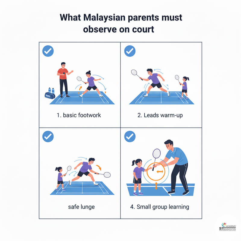 Phụ huynh ở Cheras kiểm tra sự quan tâm của huấn luyện viên cầu lông đến từng học viên trong một buổi học thử. | Huấn luyện cầu lông tại Malaysia