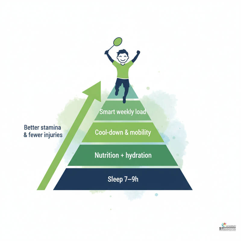 Player doing static stretches after badminton training in Kuala Lumpur hall