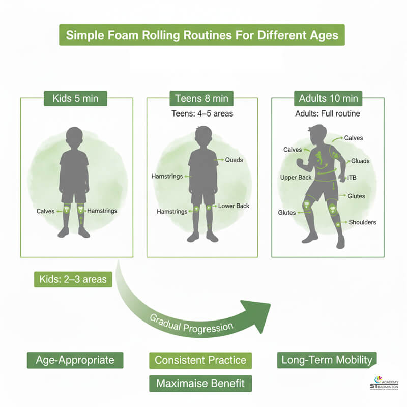 School badminton player doing simple foam rolling routine after CCA training in Singapore SG