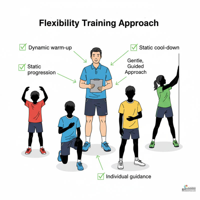 Teen players stretching hip flexors safely under coach supervision at badminton academy KL