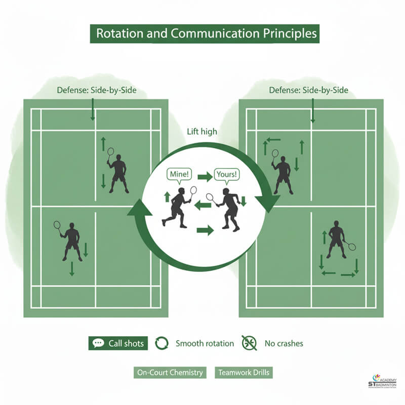 Hai vận động viên trao đổi và phối hợp trong lúc phòng thủ đôi tại trận đấu ở Singapore | Huấn luyện cầu lông nâng cao