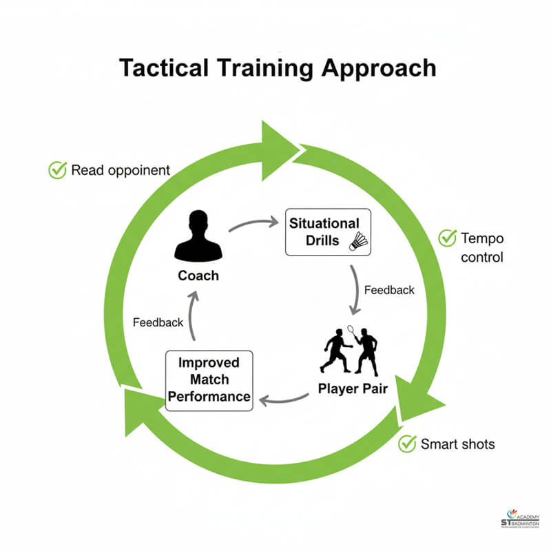 Working adults learning tactical badminton play during coaching session in Singapore