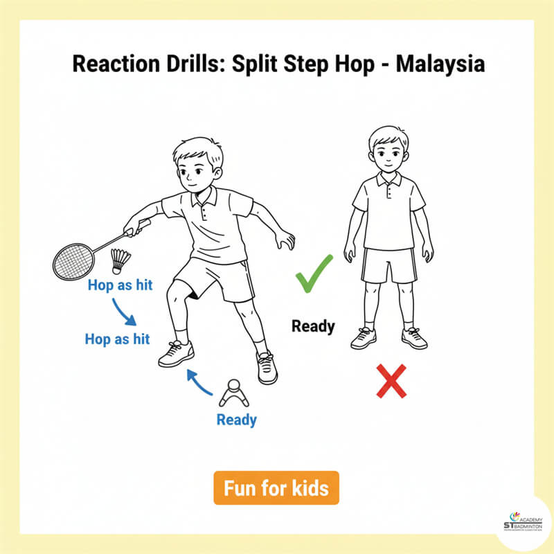 Huấn luyện di chuyển chân tại Kuala Lumpur | Học viên trẻ thực hiện split-step trong bài tập phản xạ cầu lông.