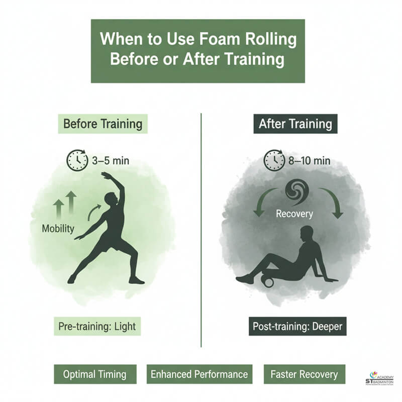 Youth badminton player rolling IT band and quads after training in Singapore badminton hall SG