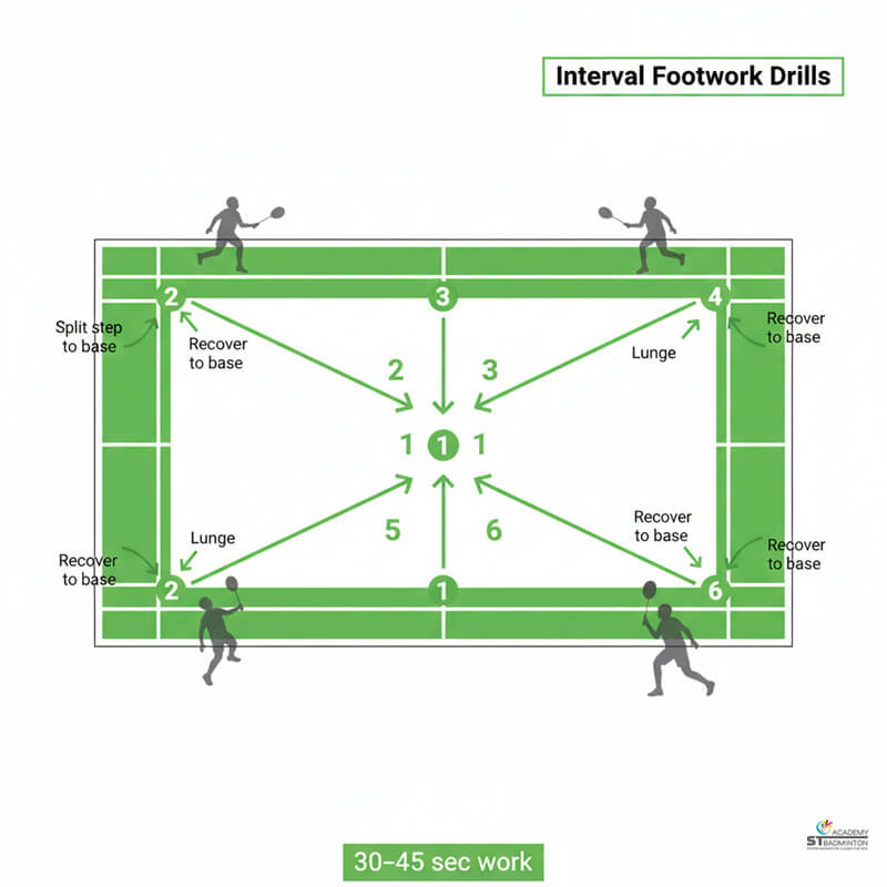 Badminton player doing interval footwork endurance drill in Kuala Lumpur training hall