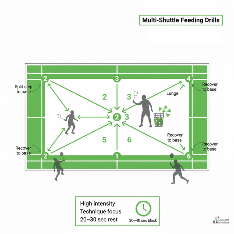 Coach feeding multi shuttle drill to build badminton stamina in Malaysian training session