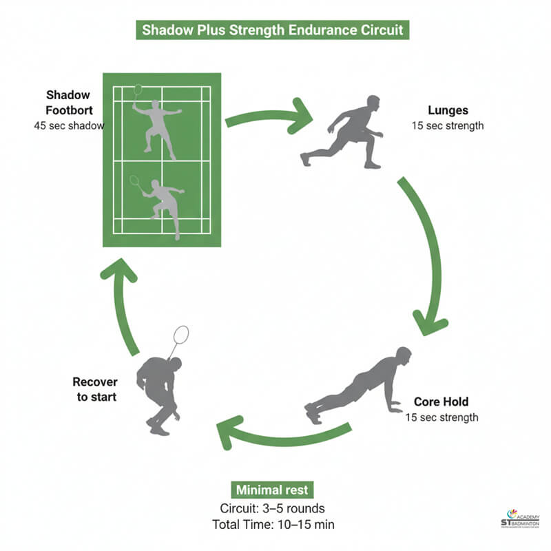 Junior players doing shadow badminton circuit for endurance at ST Badminton Academy Malaysia