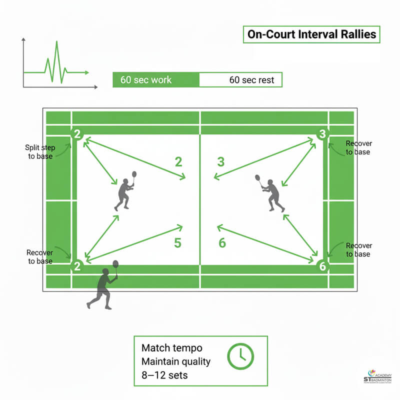 Players doing on-court interval rally drill for stamina in Singapore badminton hall