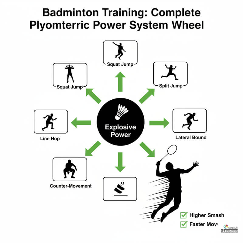 Players performing controlled squat jumps during plyometric session in Kuala Lumpur hall