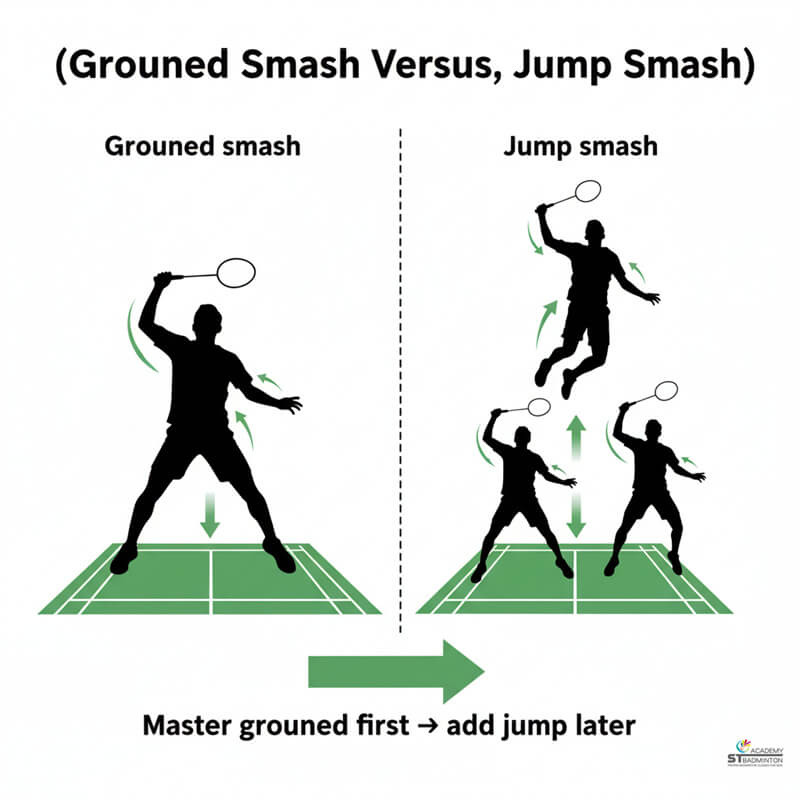 Adult player practicing jump smash landing technique and control in Singapore badminton training