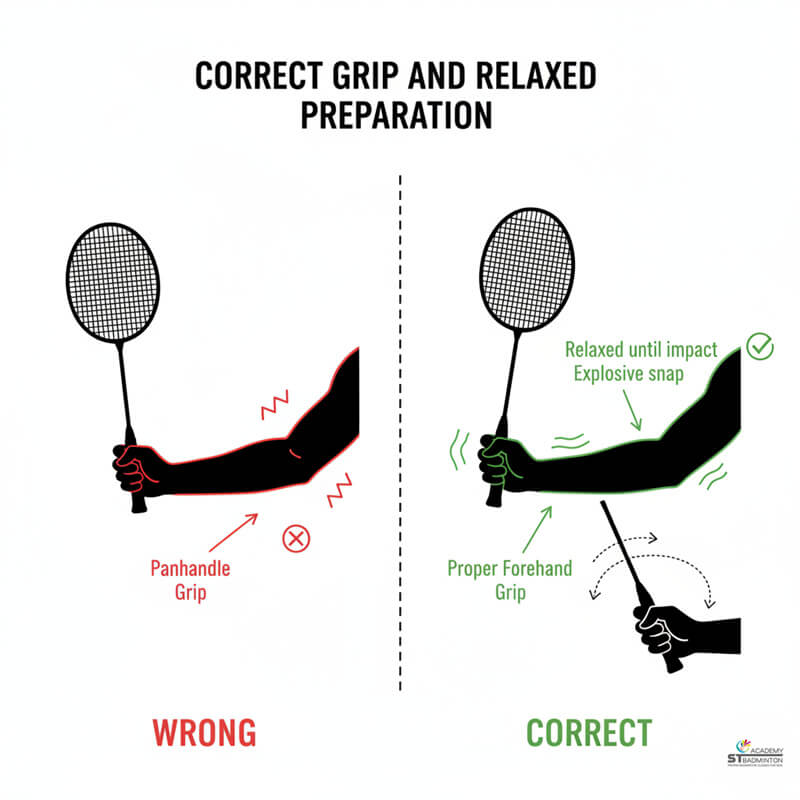 Coach demonstrating correct forehand grip and relaxed preparation for badminton smash in Kuala Lumpur and Selayang