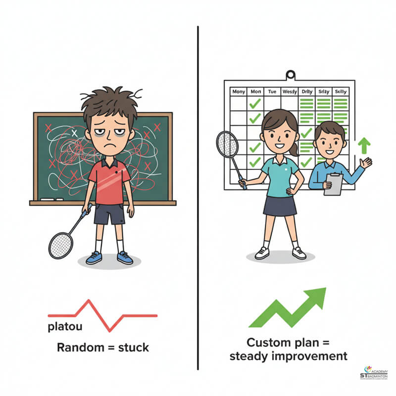 Coach explaining customized badminton training plan to parent and child at ST Badminton Academy in Setapak Kuala Lumpur