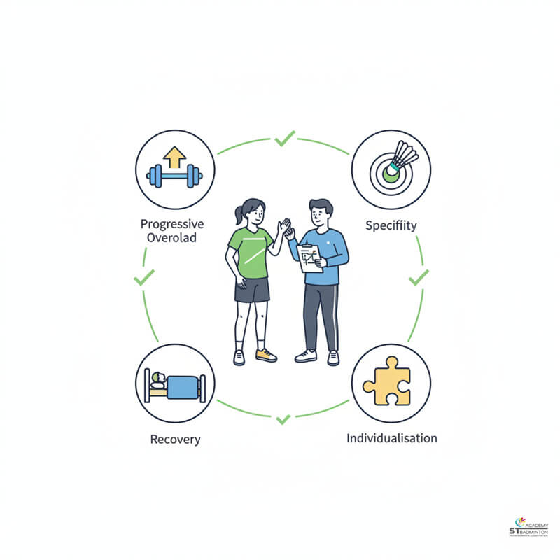Coach explaining training principles and progressive overload for badminton plan in Kuala Lumpur Malaysia