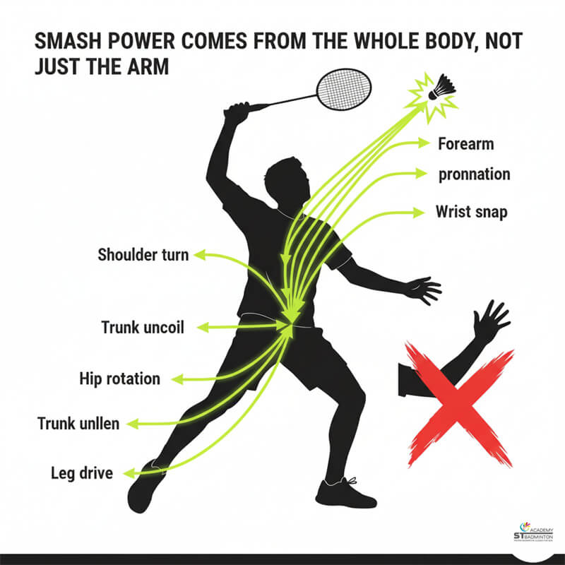 Junior player practicing powerful badminton smash technique with certified coach at ST Badminton Academy in Setapak Kuala Lumpur