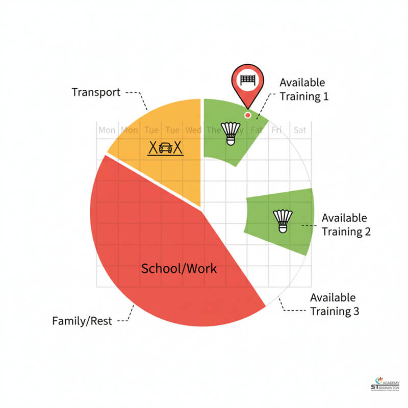 Working adult planning weekly badminton training sessions around work schedule in Kuala Lumpur Malaysia