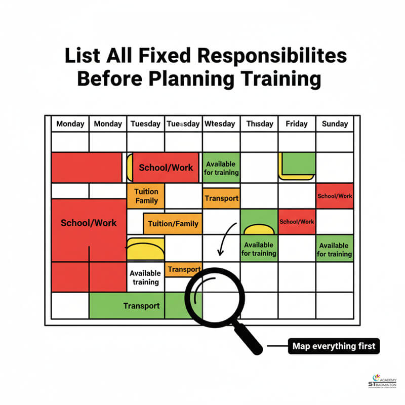 Coach advising family on sustainable badminton training plan in KL and Singapore