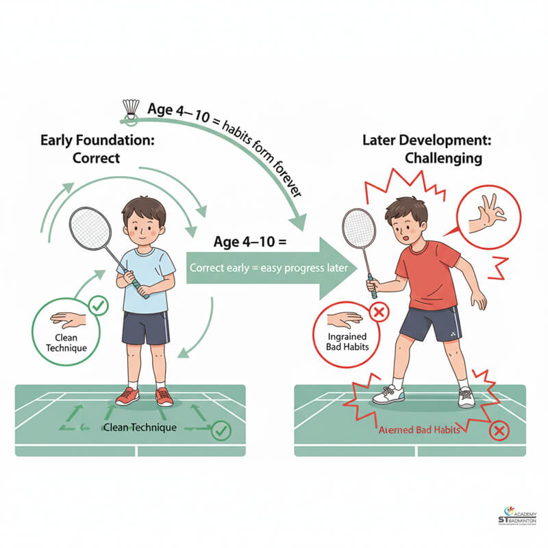 Huấn luyện viên cầu lông dạy nền tảng di chuyển chân cho trẻ em tại Selayang Malaysia