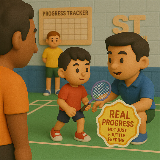 Children learning professional badminton foundation from coach in Gombak