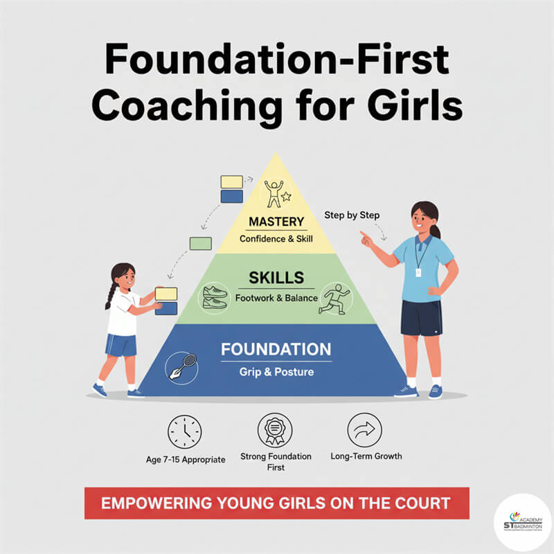 Huấn luyện viên cầu lông hướng dẫn bé gái trong môi trường an toàn gần Selayang KL | Lớp học nền tảng