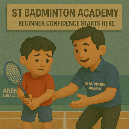 Badminton coach teaching beginner kids at Arena Sukan Kuala Lumpur