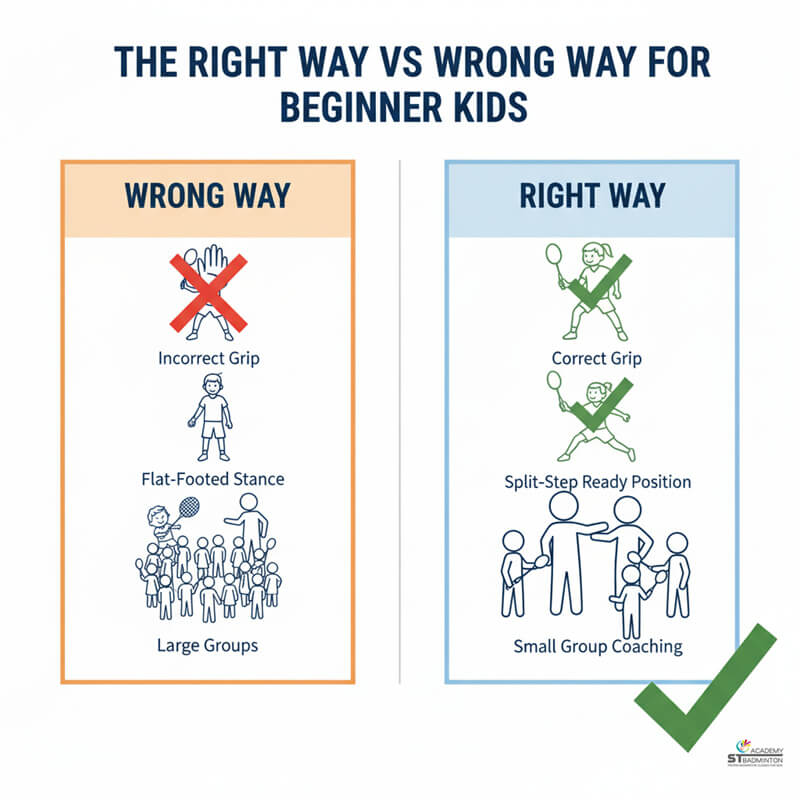 Beginner child learning basic movement during first badminton lesson Kuala Lumpur