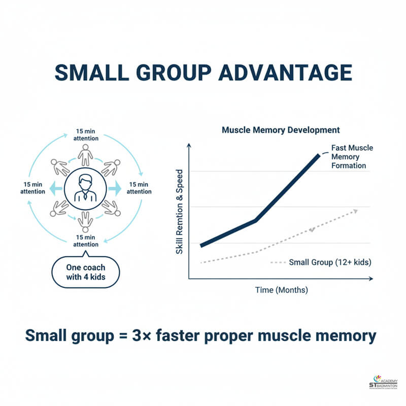 Beginner kids practising simple drills in small group badminton class Malaysia
