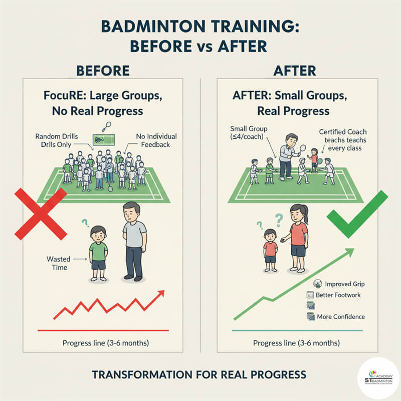 Certified coach correcting grip during kids badminton class near Gombak and Danau Kota