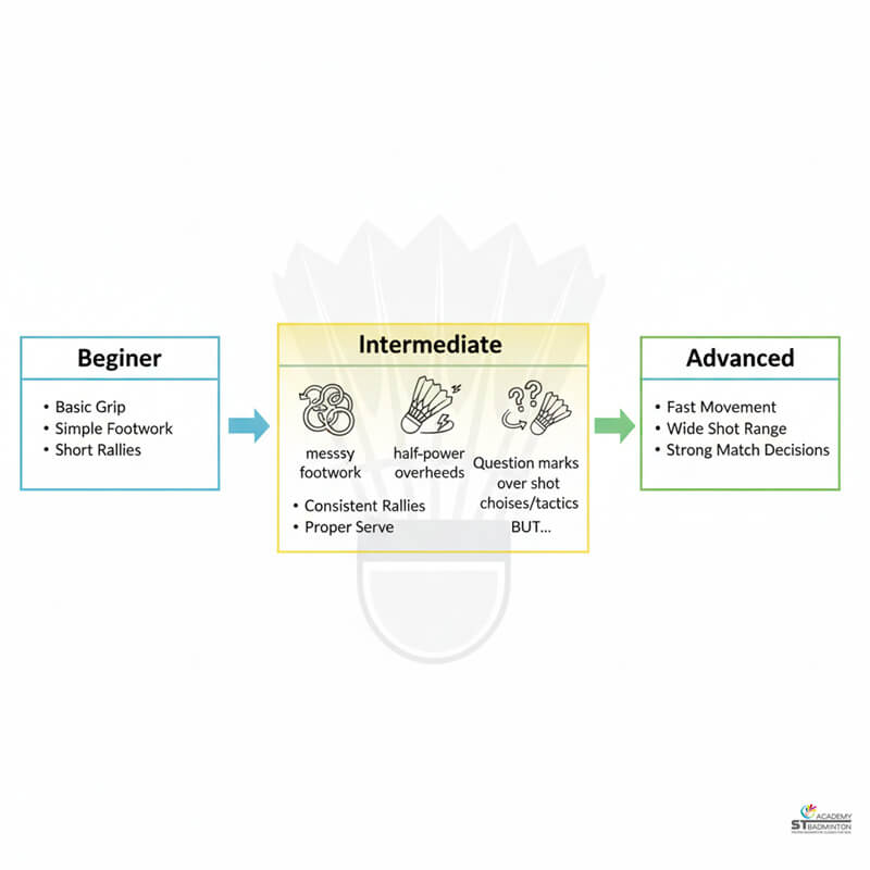 Certified coach correcting intermediate player footwork during structured training in Kuala Lumpur
