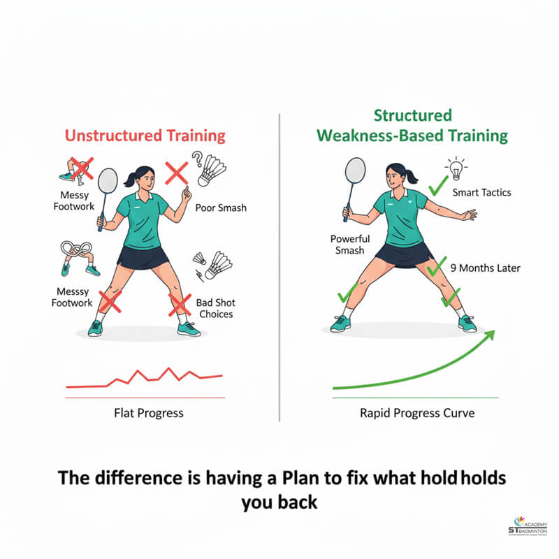 Certified coach correcting intermediate player technique during small group training in KL