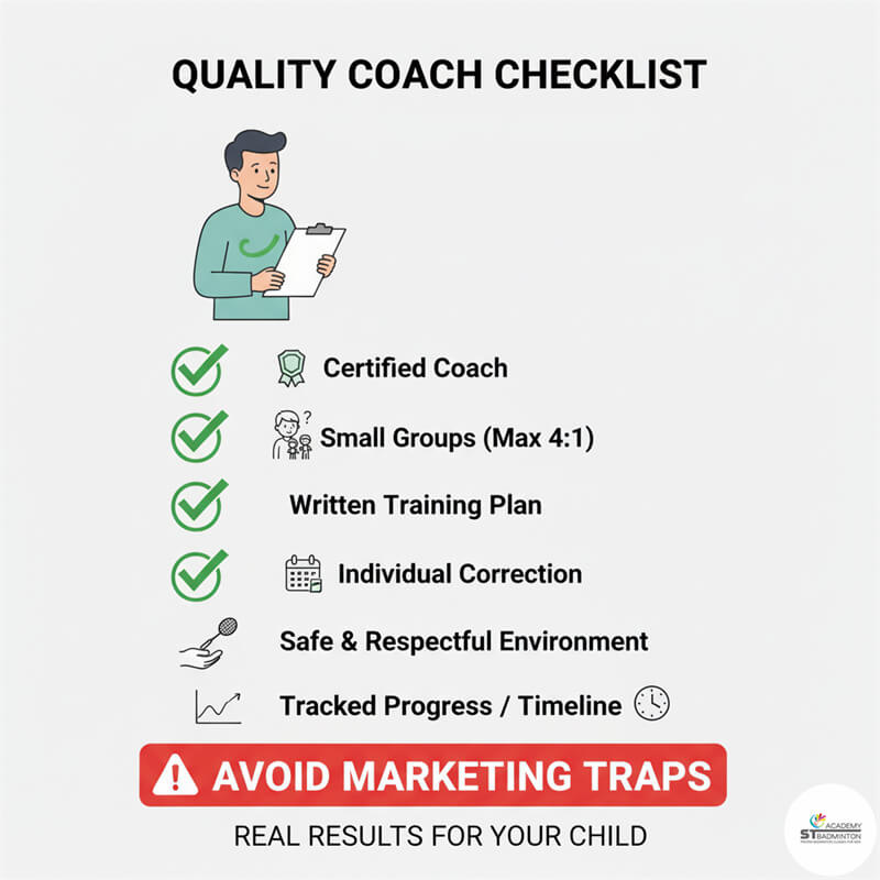 쿠알라룸푸르에서 어린 배드민턴 학생에게 올바른 그립을 시연하는 자격증 있는 코치 | 기초 훈련