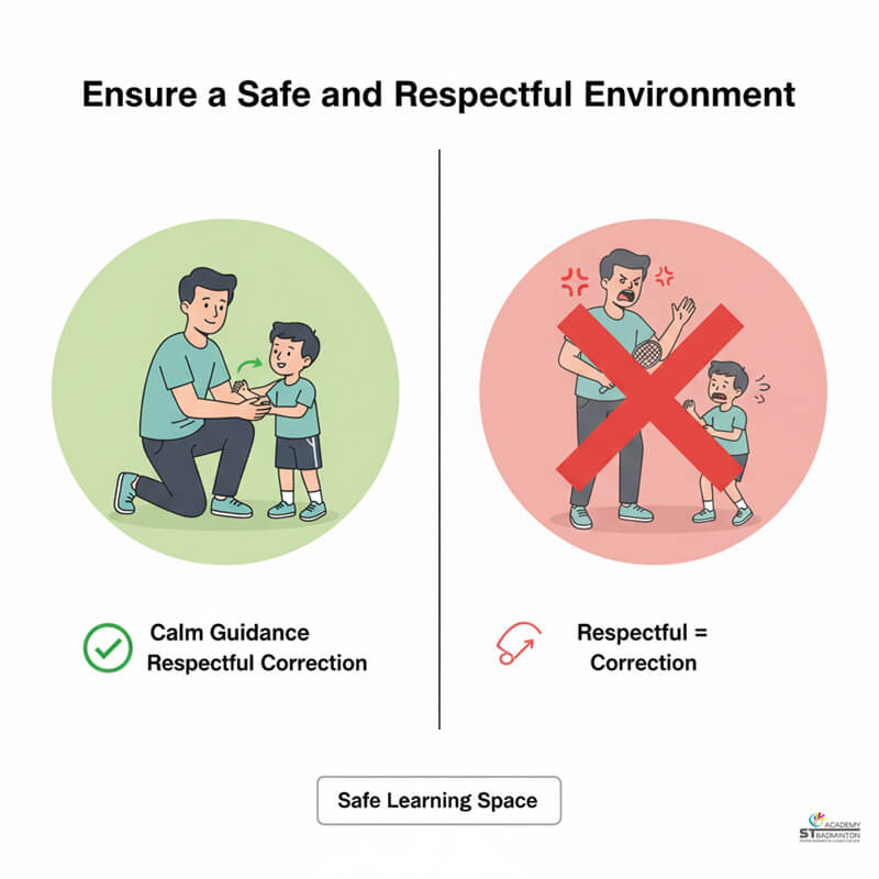 쿠알라룸푸르 배드민턴 수업 중 자격증 있는 코치에게 존중하는 방식으로 교정받는 아이들 | Ampang 배드민턴 훈련