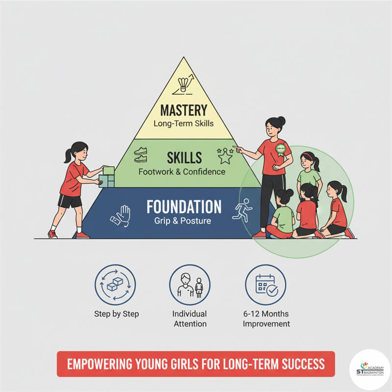 Các bé gái vui cười trong các bài tập có cấu trúc tại lớp cầu lông cho người mới bắt đầu ở Malaysia