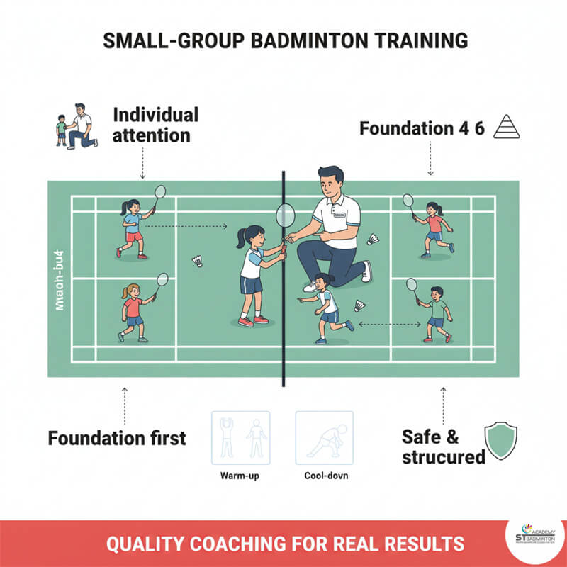 Happy children during after school badminton training reducing screen time in Kuala Lumpur