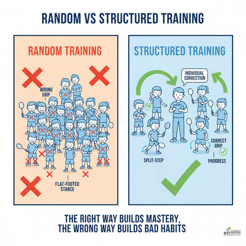 Kids following planned warm up during structured badminton training routine in Kuala Lumpur
