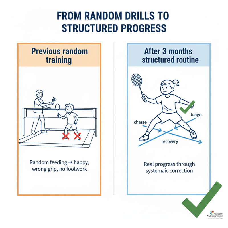 Kids practising proper footwork during structured badminton training routine near Setapak KL