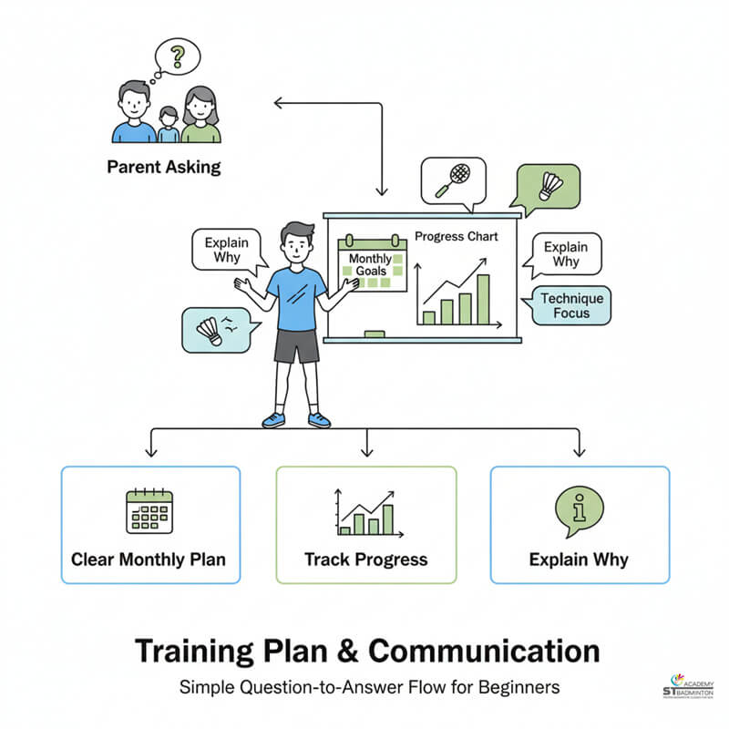 말레이시아에서 자녀의 배드민턴 훈련 계획에 대해 자격증 있는 코치의 설명을 듣는 학부모 | 쿠알라룸푸르 배드민턴 코치