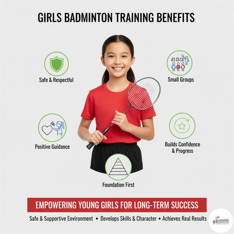 Nhóm nhỏ các bé gái thực hành kỹ năng vợt trong buổi huấn luyện cầu lông tại Kuala Lumpur | Lớp nền tảng