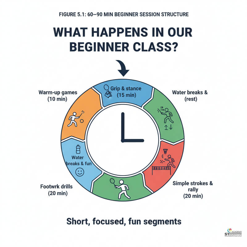 Young beginners learning correct grip during beginner badminton class near Arena Sukan KL