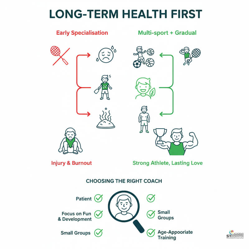 A badminton coach in Kuala Lumpur talking to a parent about early specialization risks.