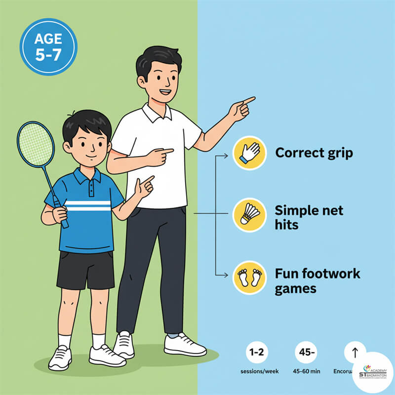 Kids badminton coaching for age 5 focuses on simple, fun exercises in Malaysia. A child aged 5 learning basic racket skills during badminton coaching for kids in Kuala Lumpur.